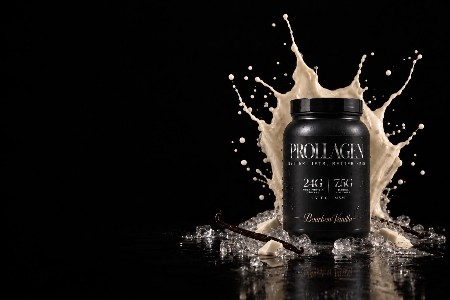 Prollagen Bourbon Vanilla jar surrounded by a vanilla splash, vanilla pods and ice on black