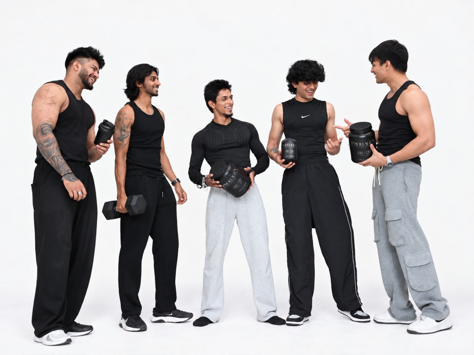 Five men from the Serqua community with Prollagen products