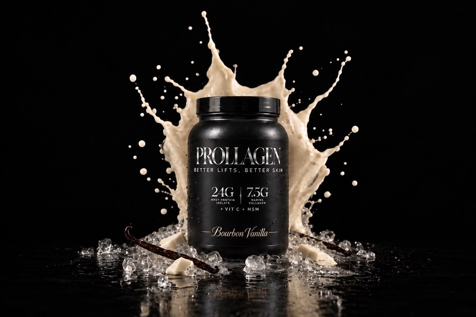 Prollagen Bourbon Vanilla jar surrounded by a vanilla cream splash